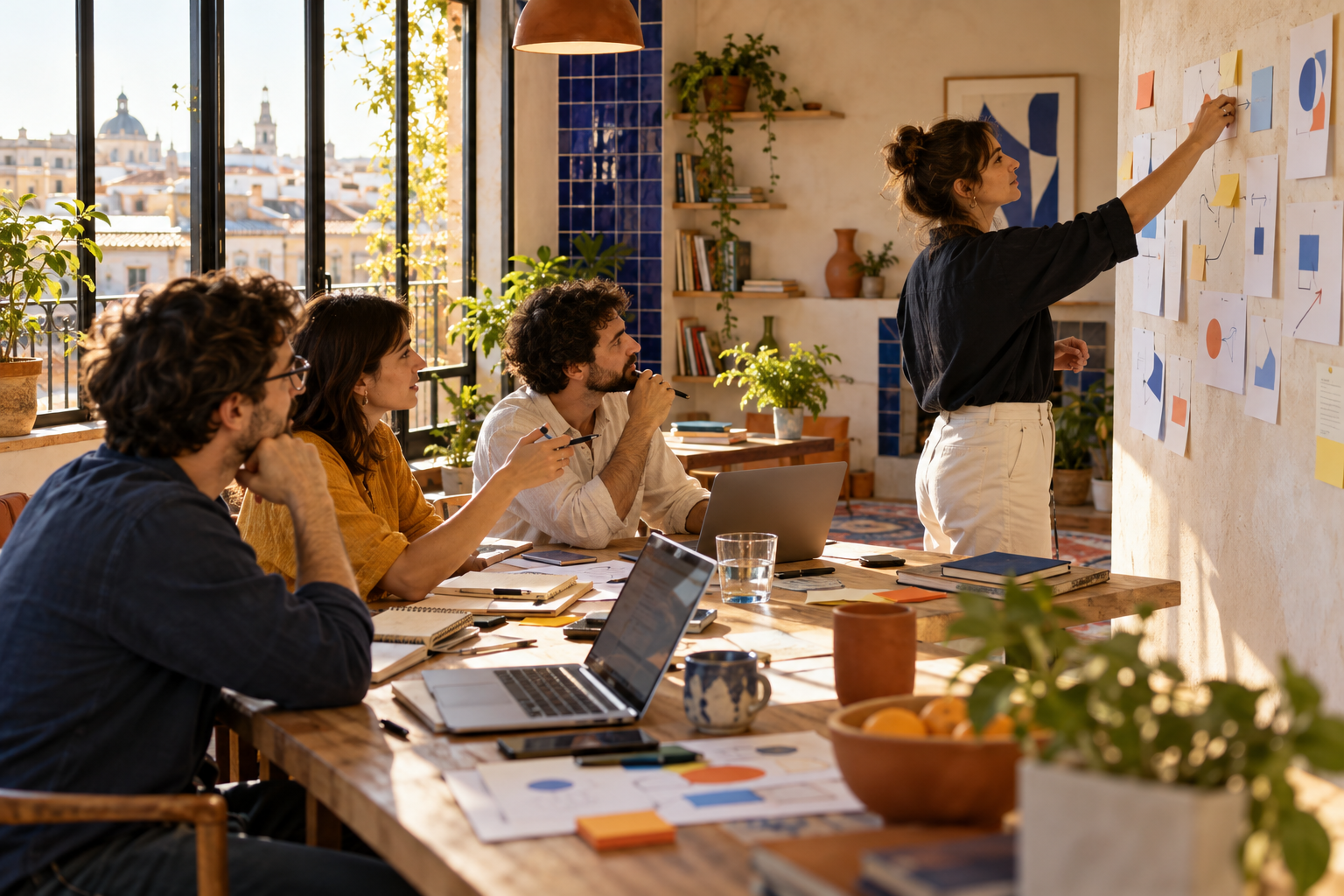 A technology team in Madrid working together around a project board